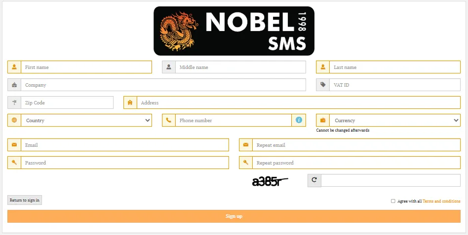 NobelSMS account registration form — create a new account to get started with SMS platform