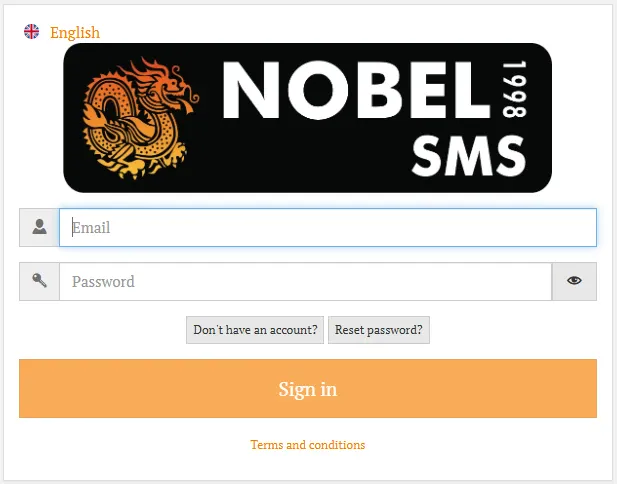 NobelSMS login page — sign in to access your SMS platform dashboard